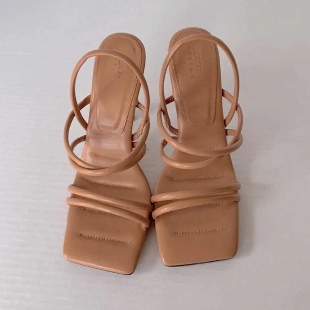 ASOS DESIGN strappy heeled sandals in camel, size 11